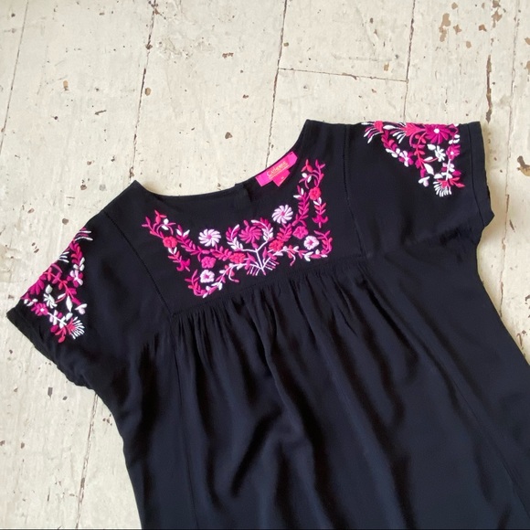 Catherine Malandrino Floral Embroidered Pink on Black Popover Dress - Picture 11 of 16